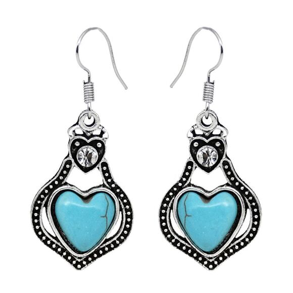 SILVER TURQUOISE DIAMOND HEART DANGLE EARRINGS - Picture 1 of 2